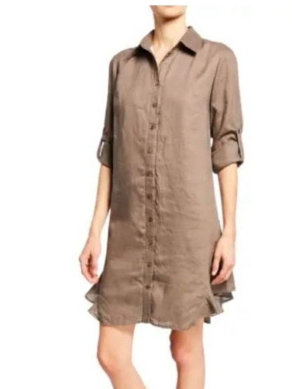 NWT Finley XL Taupe Linen Shirt Dress Tunic Roll Tab Button Down